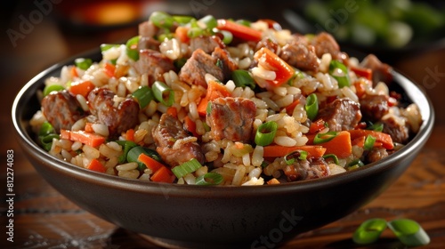 A bowl of rice and meat with vegetables in it, AI