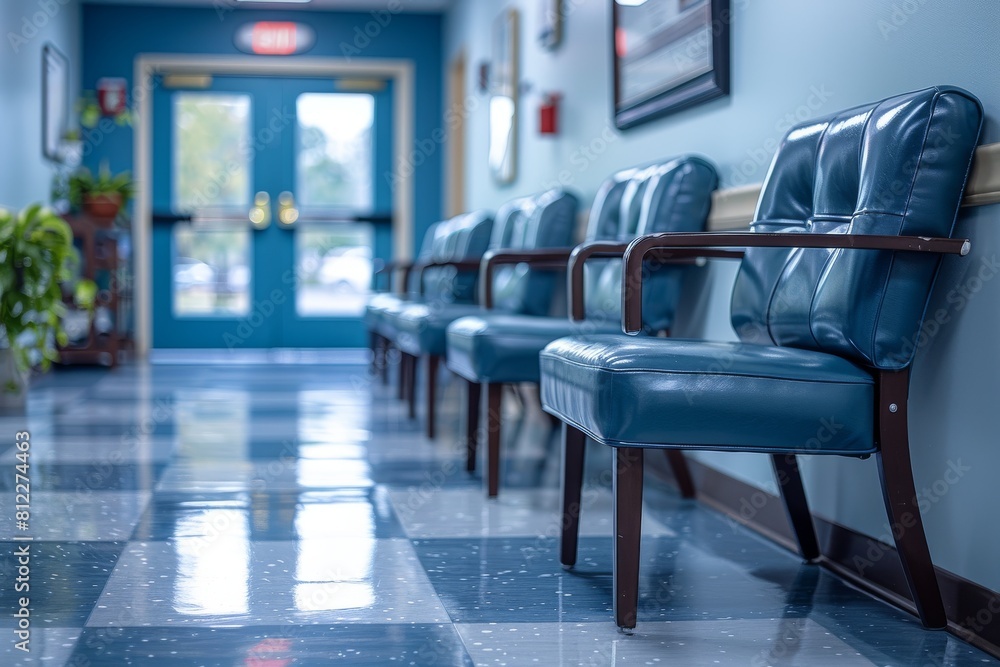 A row of unoccupied blue chairs lined up in a hospital or clinic waiting area, suggesting a calm and quiet environment A row of unoccupied blue chairs lined up in a hospital or clinic waiting area, suggesting a calm and quiet environment