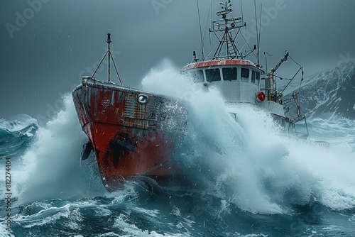Harrowing capture of a red fishing trawler fiercely struggling with waves in a storm