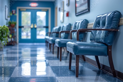 A row of unoccupied blue chairs lined up in a hospital or clinic waiting area, suggesting a calm and quiet environment