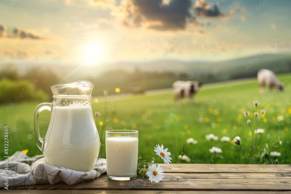 Milk with camomiles on wooden table and cow grazing in meadow Milk with camomiles on wooden table and cow grazing in meadow