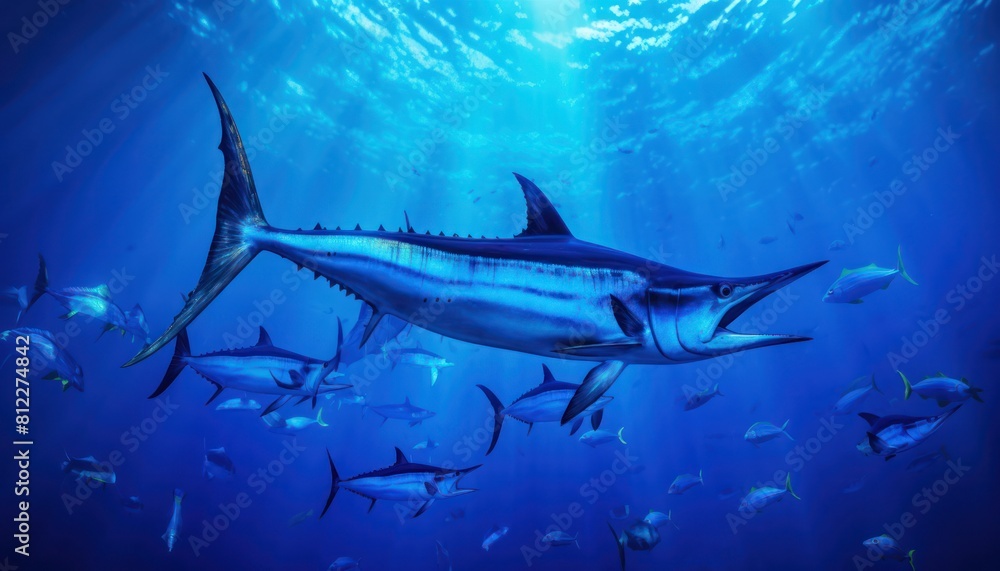 Fototapeta premium Giant Marlin fish in the ocean, beautiful view of marlin fish in the blue ocean
