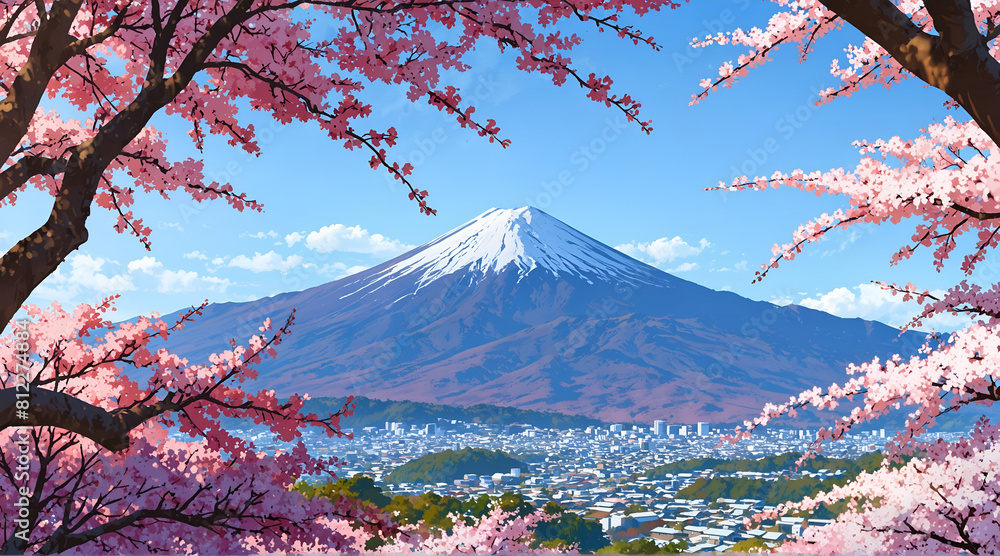 Mount Fuji, Japan, with a pink cherry blossoms watercolor illustration art.
