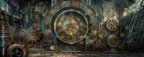 An imaginative portrayal of an old factory with oversized gears rotating to keep the clock ticking