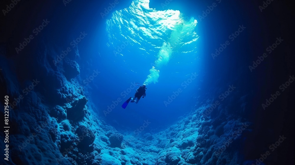 A scuba diver is swimming through a blue cave, AI A scuba diver is swimming through a blue cave, AI