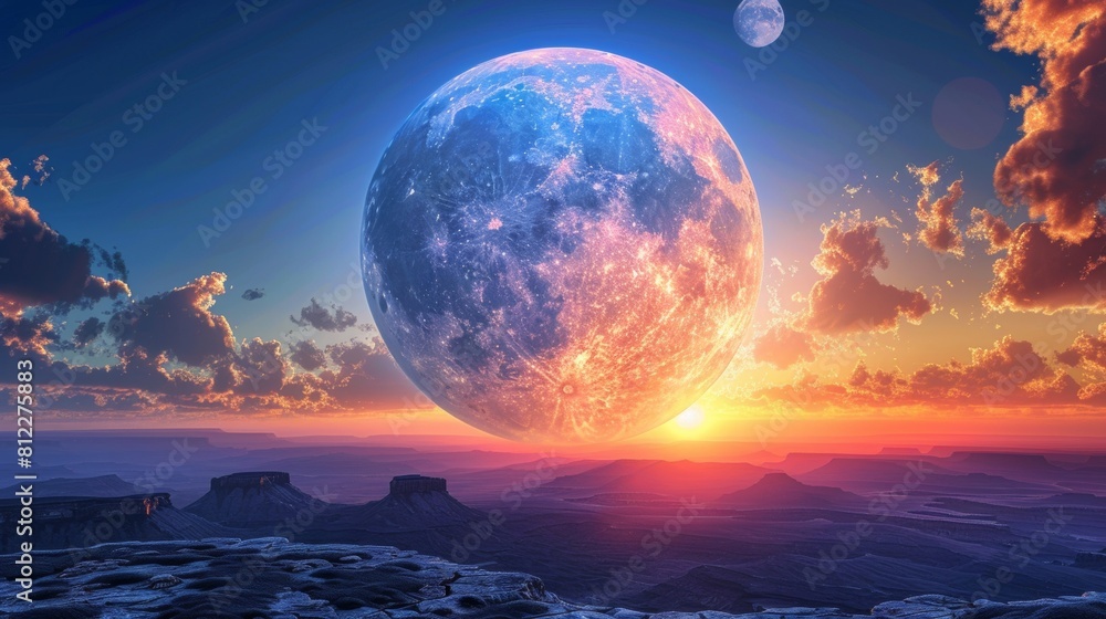 A large moon is seen in the sky over a desert, AI A large moon is seen in the sky over a desert, AI