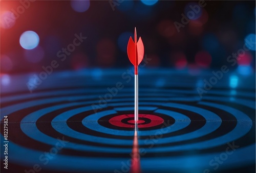 Businessman aims arrow at a virtual target dartboard, precision in setting objectives for business investments visualizes strategic approach to achieving goals and hitting targets in business