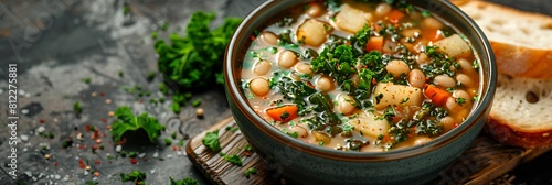 White bean and kale soup with garlic bread, top view horizontal food banner with copy space photo