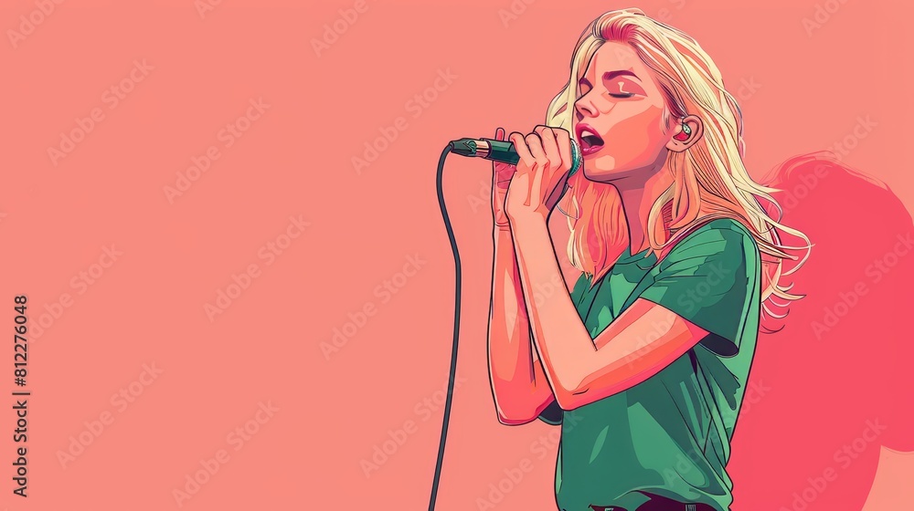 Blonde girl in green t-shirt singing with microphone on pink background illustration