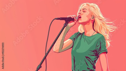 Blonde girl in green t-shirt singing with a microphone on a vibrant pink background