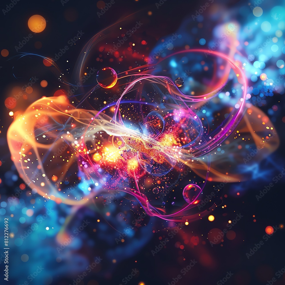 Abstract vector concept of quantum chemistry, illustrating subatomic particles in a colorful, dynamic interaction, visually striking Abstract vector concept of quantum chemistry, illustrating subatomic particles in a colorful, dynamic interaction, visually striking