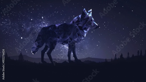 Beautiful starry low poly illustration with shiny wolf AI generated