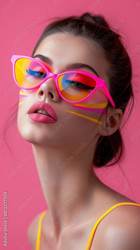 A woman with bright pink glasses and a yellow dress, AI