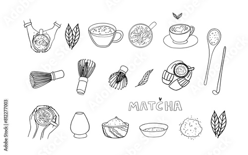 Large set of hand drawn matcha tea theme elements in doodle style. Matcha powder, Matcha Measuring Spoon, bamboo whisk, japanese tea, matcha latte, cup in hands. Cute vector illustration EPS10