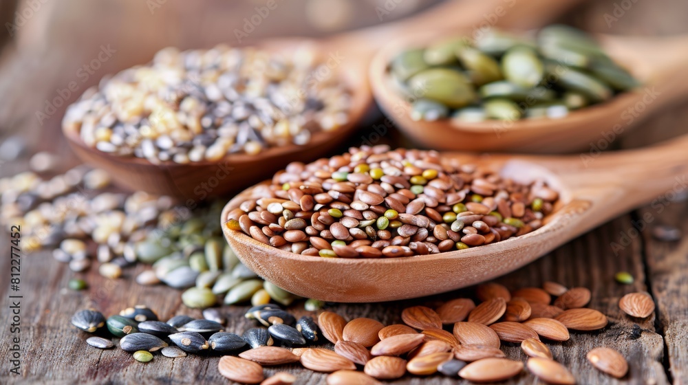 Fototapeta premium A wooden spoons filled with nuts and seeds on a table, AI