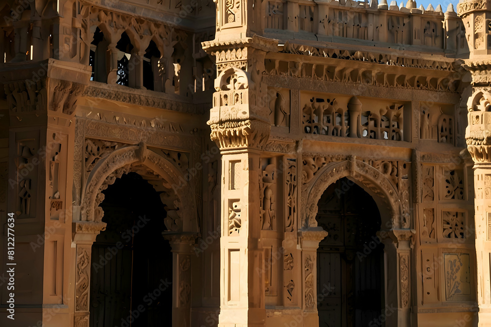 Close-up of the ornate architecture of a palace, with sunlight streaming through intricately carved windows on a beautiful day,High illustration, 8k Ultra HD, Hyper Resolution image 
