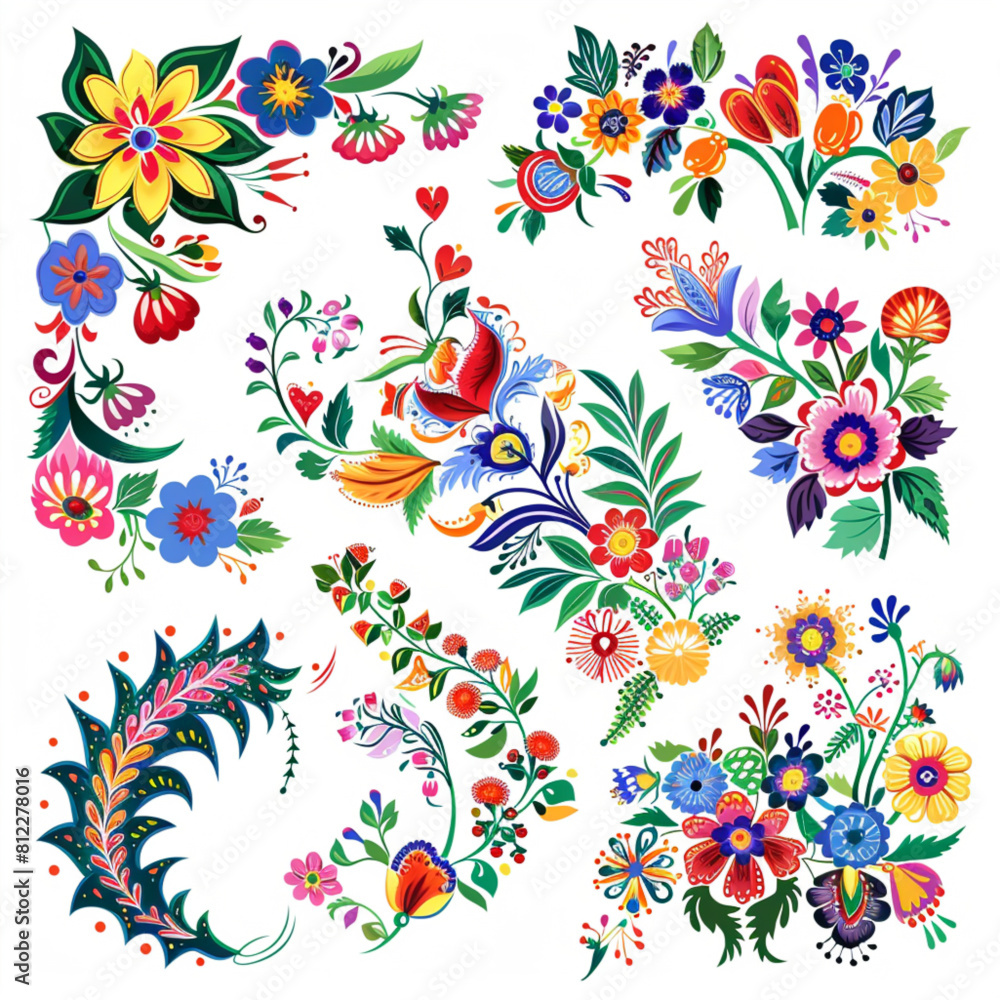 A set of floral corner designs in the traditional Polish folk 