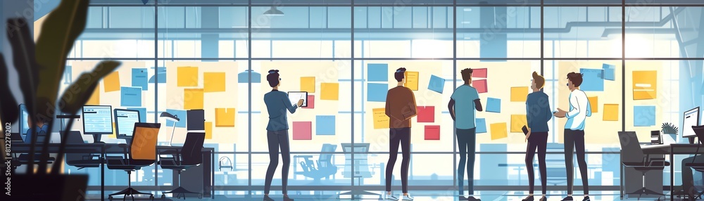 Flat vector scene of a tech startup team in a casual office, brainstorming with sticky notes on a glass wall, ultra-modern style Flat vector scene of a tech startup team in a casual office, brainstorming with sticky notes on a glass wall, ultra-modern style