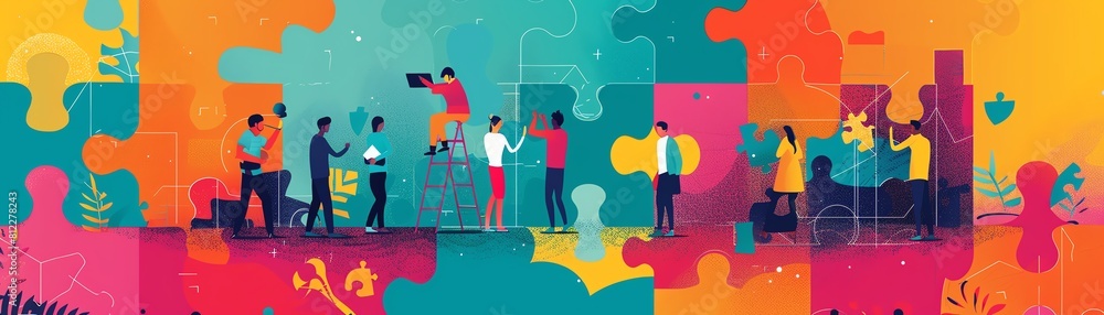Creative workshop flat vector, team assembling a giant puzzle, symbolizing problem-solving and collaboration, vivid colors Creative workshop flat vector, team assembling a giant puzzle, symbolizing problem-solving and collaboration, vivid colors
