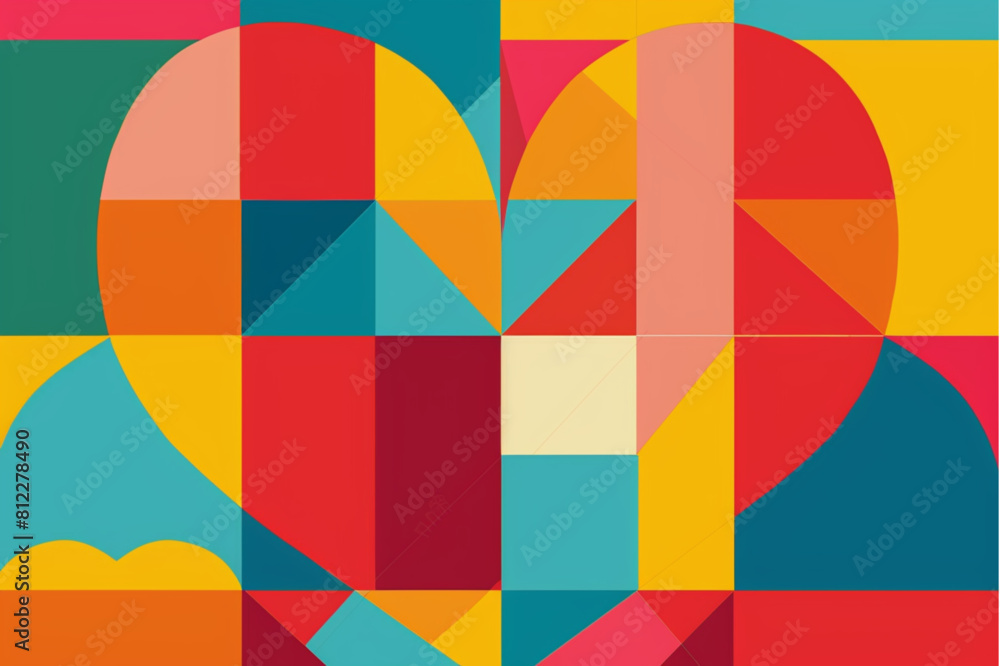 abstract flat vector seamless pattern with heart and geometric shapes, in the style of retro colors, simple shapes, in the style of retro color