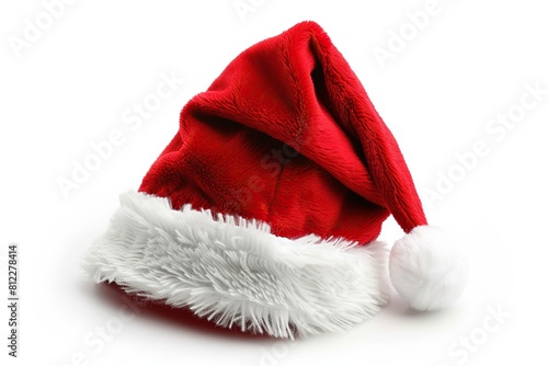 Vibrant Red Santa Hat Adorned with Snowy White Pom-pom, Suitable for Christmas and Festive Seasons, Isolated on White Background.