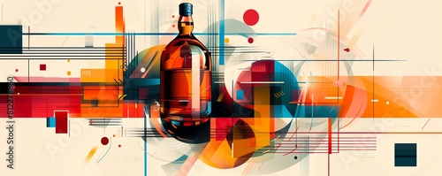 Graphic design of a vodka bottle using a cubist style, deconstructing and reassembling the bottle's form in vibrant colors on white photo