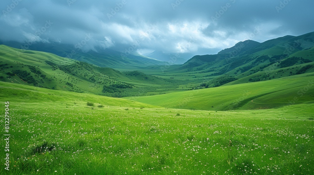 A green grassy hills with mountains in the background, AI