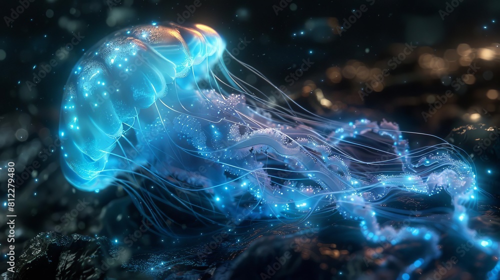 Conceptualize an alienlike jellyfish species, with an eerie, luminescent blue glow that illuminates the black waters around it Conceptualize an alienlike jellyfish species, with an eerie, luminescent blue glow that illuminates the black waters around it