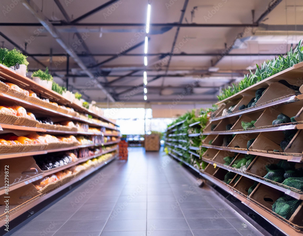 A Spacious Grocery Store with Fully Stocked Shelves in a Blurry Interior. Concept Supermarket