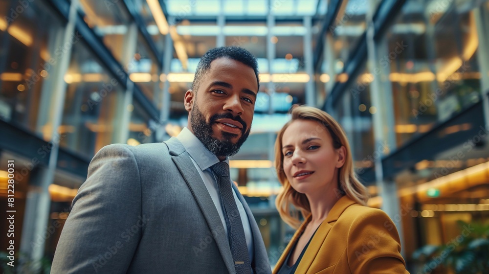 an attractive businessman in their mid 30s along with female office worker, working with one another in a large high-end office. generative AI an attractive businessman in their mid 30s along with female office worker, working with one another in a large high-end office. generative AI