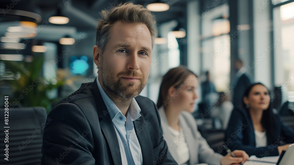 an attractive businessman in their mid 30s along with female office worker, working with one another in a large high-end office. generative AI an attractive businessman in their mid 30s along with female office worker, working with one another in a large high-end office. generative AI