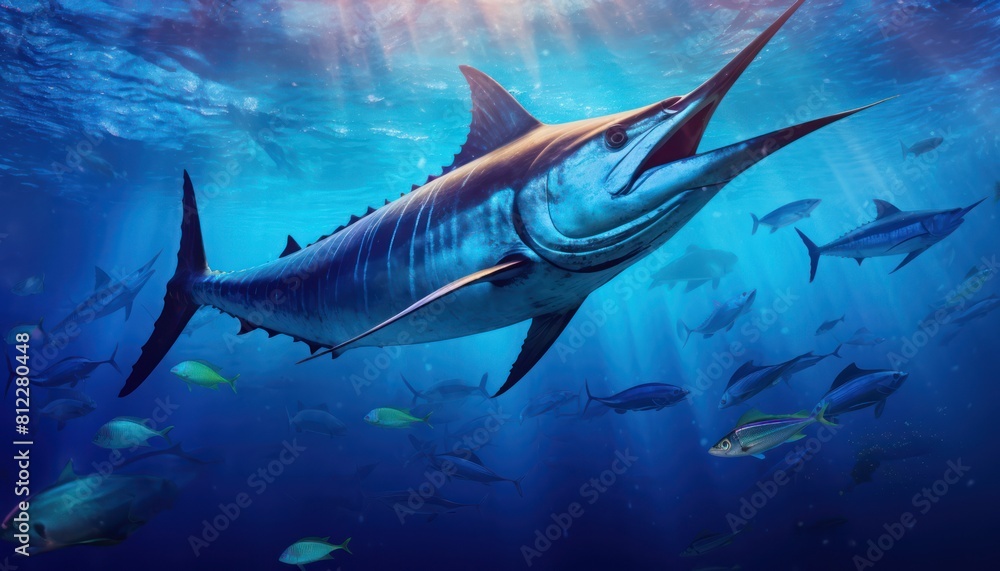 Obraz premium Giant Marlin fish in the ocean, beautiful view of marlin fish in the blue ocean