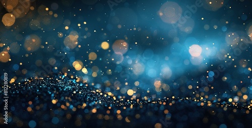 Abstract Background Featuring Dark Blue and Gold Particles, Christmas Golden Light Shine Particles Bokeh on Navy Blue Background, with Textured Gold Foil