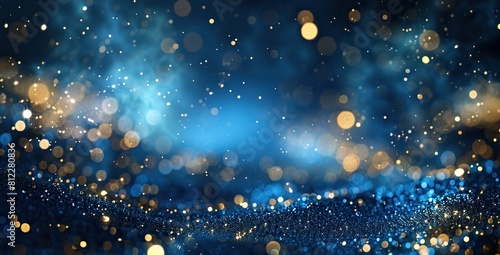 Dark Blue and Gold Particle Abstract Backdrop  Christmas Golden Light Shine Particles Bokeh on Navy Blue Background  with Textured Gold Foil