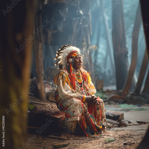 A hyperrealistic portrait of the Indian chief Sitting Bull in a headdress of eagle feathers sitting by a forest stream. photo