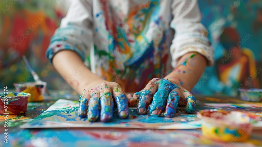 Close-up of hands covered in vibrant paint over colorfully splattered surface Close-up of hands covered in vibrant paint over colorfully splattered surface