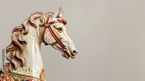 Ornate carousel horse head with detailed paint on neutral background photo