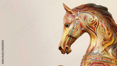Intricately painted wooden carousel horse with ornate details on beige background © Татьяна Макарова