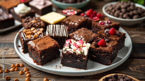 A plate of fudgy brownies with various toppings on a plywood table
