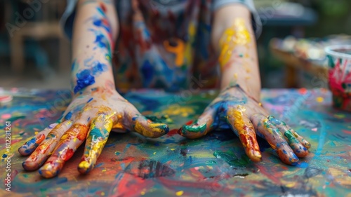 Hands covered in vibrant paint over colorful, messy table © Татьяна Макарова
