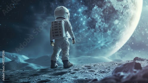Child in astronaut costume stands on moon surface looking at Earth photo
