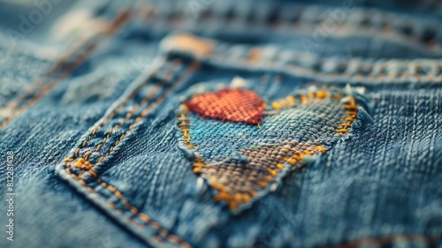 Close-up of denim fabric with heart-shaped patch stitched on