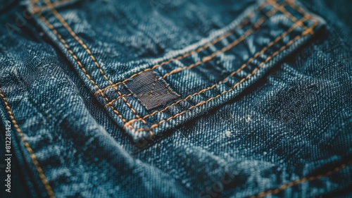 Close-up of blue denim with patch photo