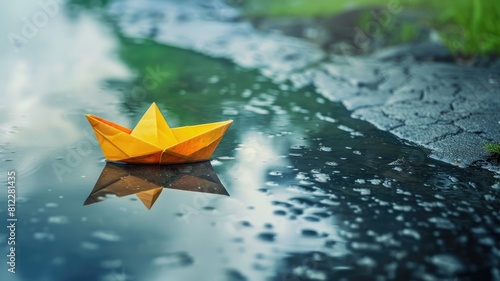 Yellow origami paper boat floating on reflective water surface with scattered raindrops and greenery nearby