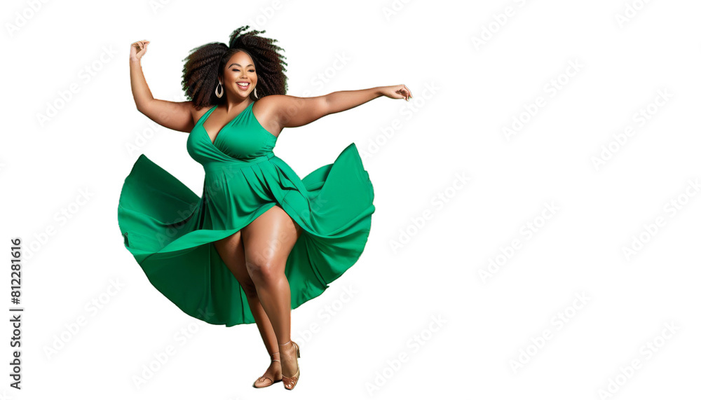 beautiful african woman positive space body happy green copy american figured dancing background full girl black dance joy blank overweight corpulent fat large belly person generativebeauty