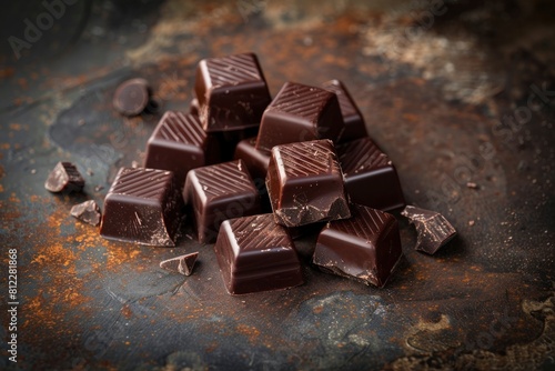 Handmade dark milk chocolates set against a dark rustic background with differential focus and generous accommodation for copy space - generative ai