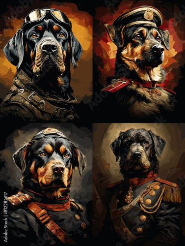 Heroic Rottweilers in military uniforms, from aviator goggles to officer attire. A powerful, bold illustration blending strength, authority, and dog valor in an artistic and dynamic way.

