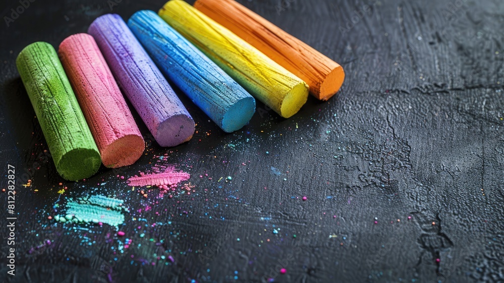 Vibrant colored chalk pieces on black textured surface with scattered powder Vibrant colored chalk pieces on black textured surface with scattered powder