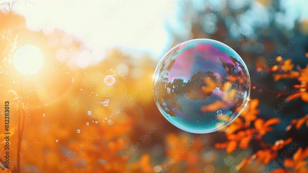 Soap bubble floating with sunny autumn backdrop, shimmering colors reflecting on its surface Soap bubble floating with sunny autumn backdrop, shimmering colors reflecting on its surface
