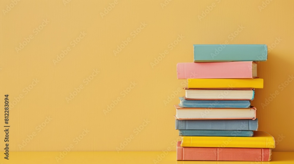 Stack of colorful books against yellow background Stack of colorful books against yellow background